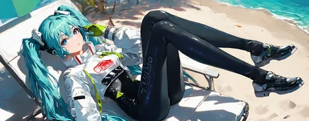 score_9,score_8_up,score_7_up,,source_anime BREAK, 1girl, solo,, s1_dram, from above, on beach chair, RHM22, hatsune miku, 1girl, racing miku, solo, green gloves, twintails, long hair, blue eyes, black bodysuit , two-tone gloves, aqua hair, hair between eyes, jacket, long sleeves, white jacket, long legs<lora:S1_Dramatic_Lighting_v2:0.8>,<lora:ã¬ã¼ã·ã³ã°ãã¯22:1>