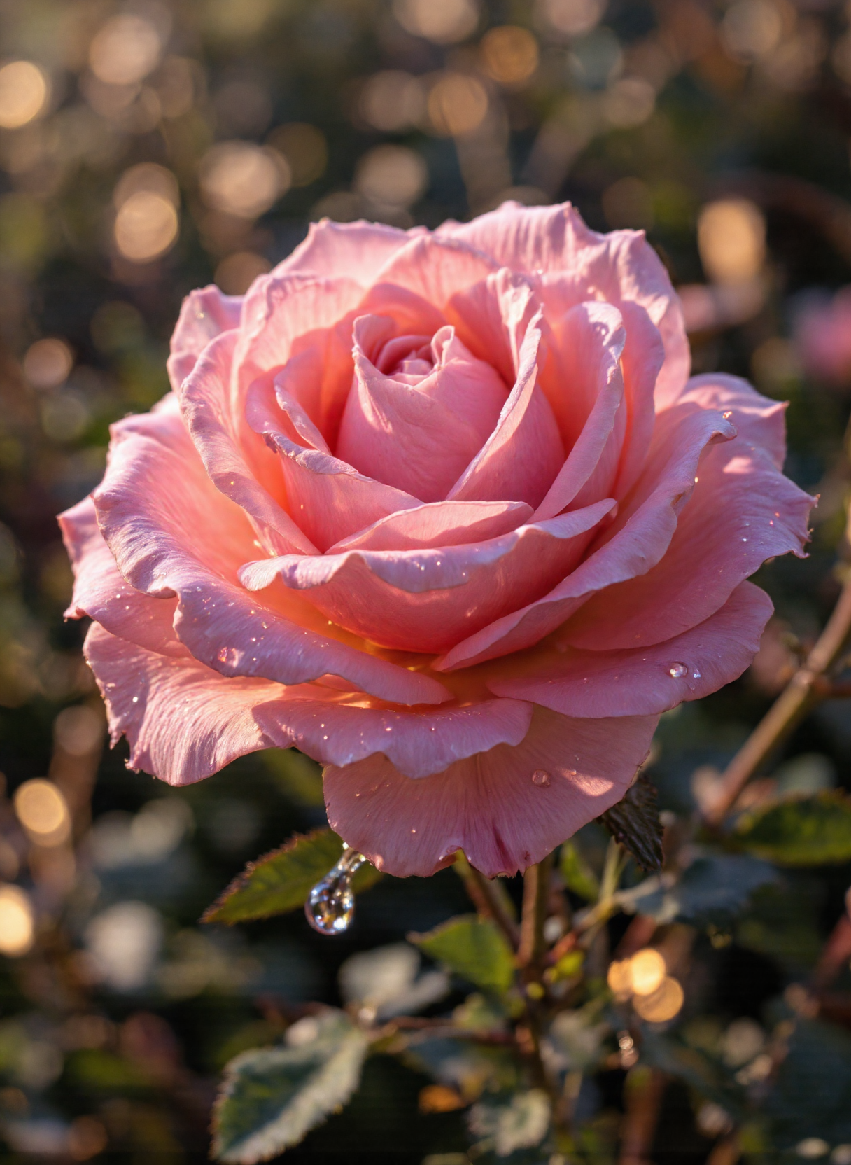The image depicts a stunning close-up of a crystalized rose with water droplets adorning its petals. The rose is predominantly pink, with subtle gradients that give it a delicate and ethereal appearance. Each petal is meticulously detailed, showcasing the natural beauty and texture of the flower. Water droplets are visible on the surface of the petals, reflecting light and creating a sparkling effect. These droplets add a sense of freshness and vitality to the image. Below the rose, there is a clear drop of water hanging from one petal, which appears to be in mid-fall, adding a dynamic element to the composition. The background is blurred, with warm bokeh lights that create a dreamy and enchanting atmosphere. This blurring effect helps to focus attention on the rose while providing a soft, glowing backdrop. Overall, the image captures the elegance and purity of the rose, enhanced by the interplay of light and water droplets, resulting in a visually captivating and serene scene. 