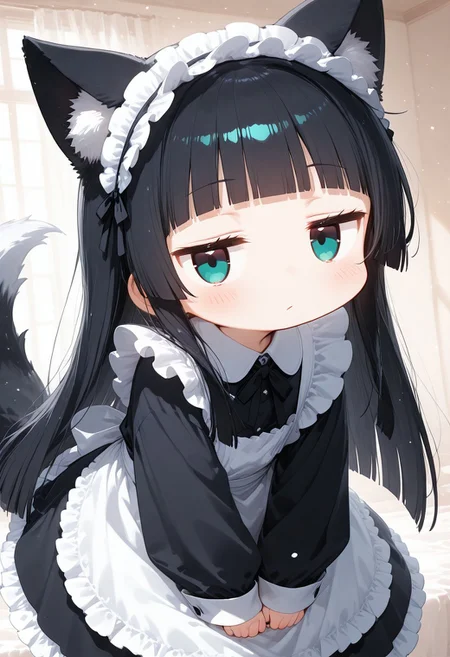 1girl,anime, chibi style, maid, very long black hair, straight hair, blunt bangs, hime cut, teal eyes, wolf ears, long fluffy tail, full sleeves maid dress, oversized clothes, frilled dress, blush, scornful eyes(jitome eyes:1.4), very cute, looking at viewer, leaning forward, v arms, closeup, from behind, looking back, masterpiece,best quality, light particles, cute details, cute colors, plain background, ricottestyle