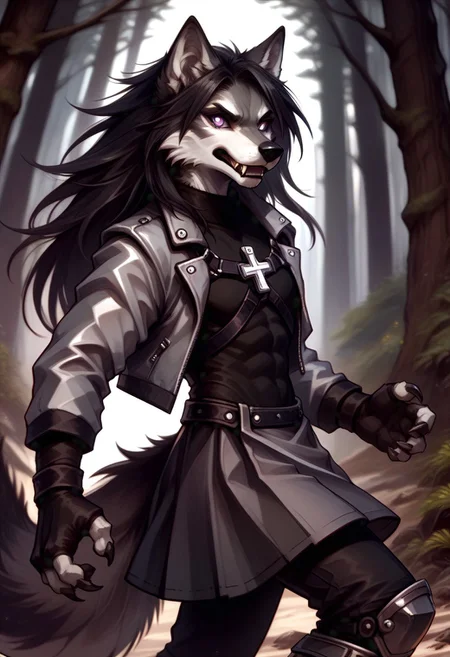 score_9, score_8_up, score_7_up, FMW1, source_furry, anthro, wolf, wolf ears, wolf tail, paws, claws, fangs, (gradient eyes:1.5), hugbaldw, cutoff jacket, body harness with holy cross design, long black hair, charcoal greaves, gray skirt, black shirt, black pants, black fingerless gloves, long legs, slender legs, dark forest,