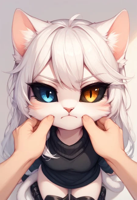 score_9, score_8_up, score_8, unimpressed, cat, cheek pinching, pov hands, cheek pinching, pov hands, kitten, cat, tail, Black Sweater, knee boots, colored sclera, white hair, long hair, heterochromia, black sclera