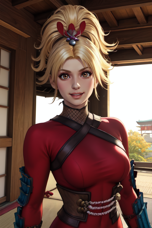 Natsu, blonde hair,  ponytail,  brown eyes, 
japanese armor, red bodysuit,  hair ornament, gloves , 
solo, upper body,  smile,  standing, 
open dojo, sunlight, 
(insanely detailed, beautiful detailed face, masterpiece, best quality) cinematic lighting,
 <lora:Natsu:0.7>
