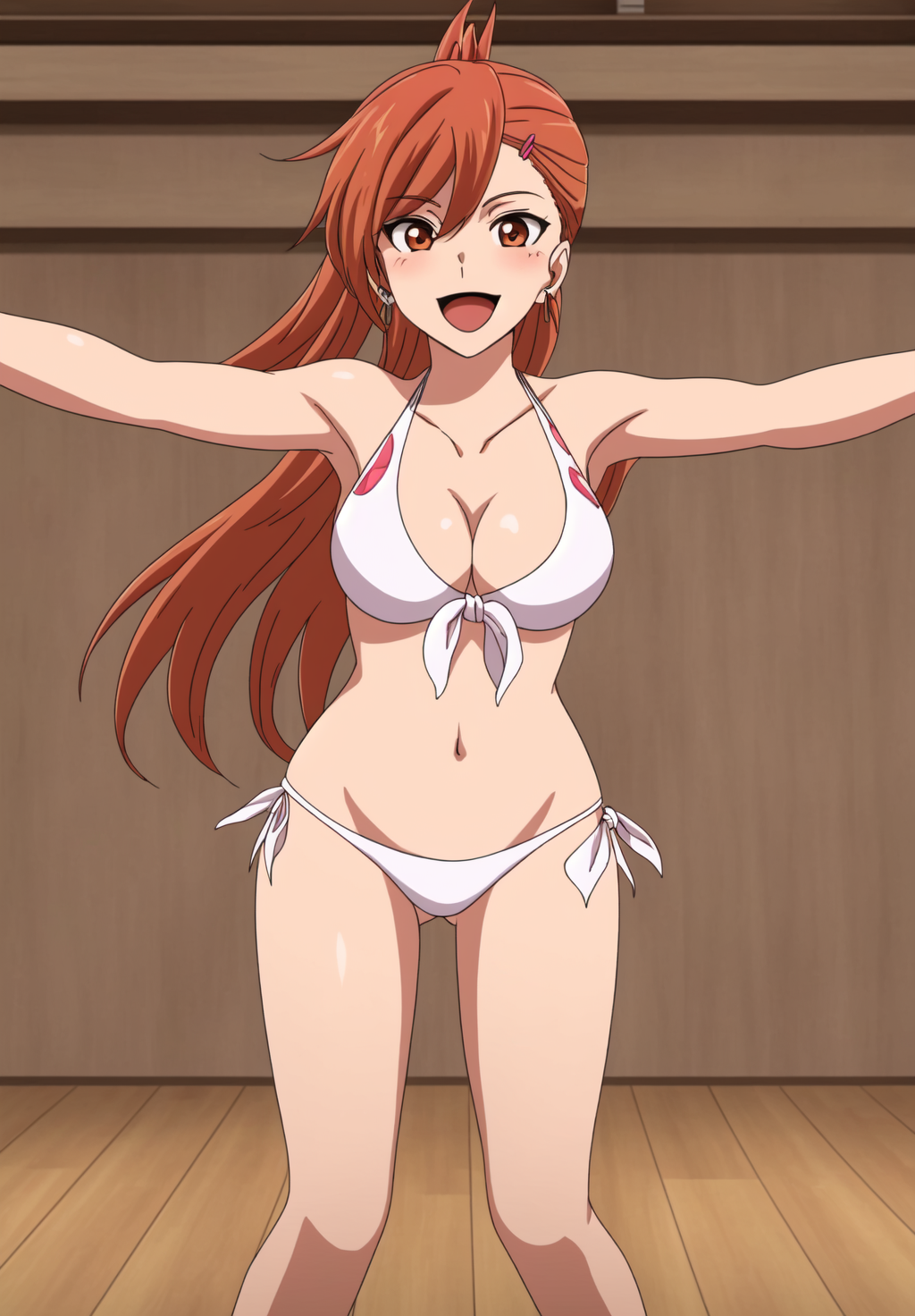 <lora:siluril:0.8>, siluril, 1girl, solo, looking at viewer, smile, open mouth, navel, cleavage, brown eyes, jewelry, swimsuit, :d, bikini, earrings, indoors, side-tie bikini bottom, white bikini, outstretched arms, front-tie top, wooden floor, holding clothes
