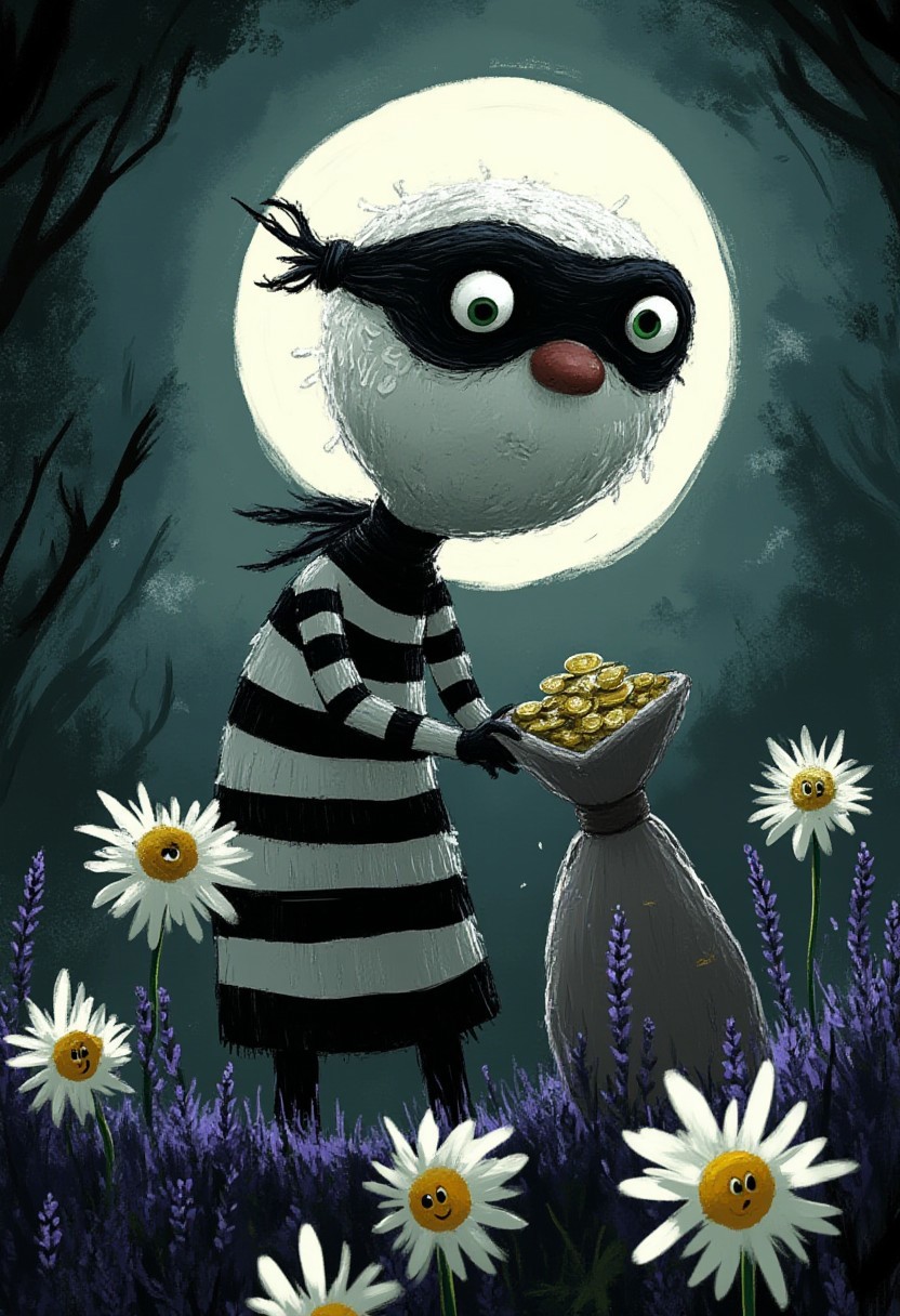 A whimsical illustration of a lanky figure with enormous mischievous emerald eyes in dark whimsical art style, wearing a striped black and white shirt with a black mask across stretched features, hunched playfully while carrying an oversized bag of stolen treasures with golden coins spilling out, digital painting with expressive brushstrokes showing dramatic shadows and moonlit textures, misty night background with a glowing full moon, characteristic Tim Burton inspired design with an impish grin and elongated fingers clutching the bag, standing among purple lavender and white daisies that seem to lean away from the sneaking figure