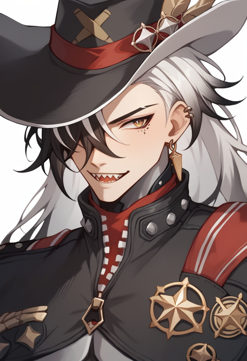 score_9,score_8_up,score_7_up,<lora:boothill_pony:1>,boothill_\(honkai:_star_rail\),male_focus,1boy,black_hair,white_hair,hair_over_one_eye,long_hair,two-tone_hair,sharp_teeth,split-color_hair,black_hat,earrings,ear_piercing,hat_feather,police_badge,brown_belt,