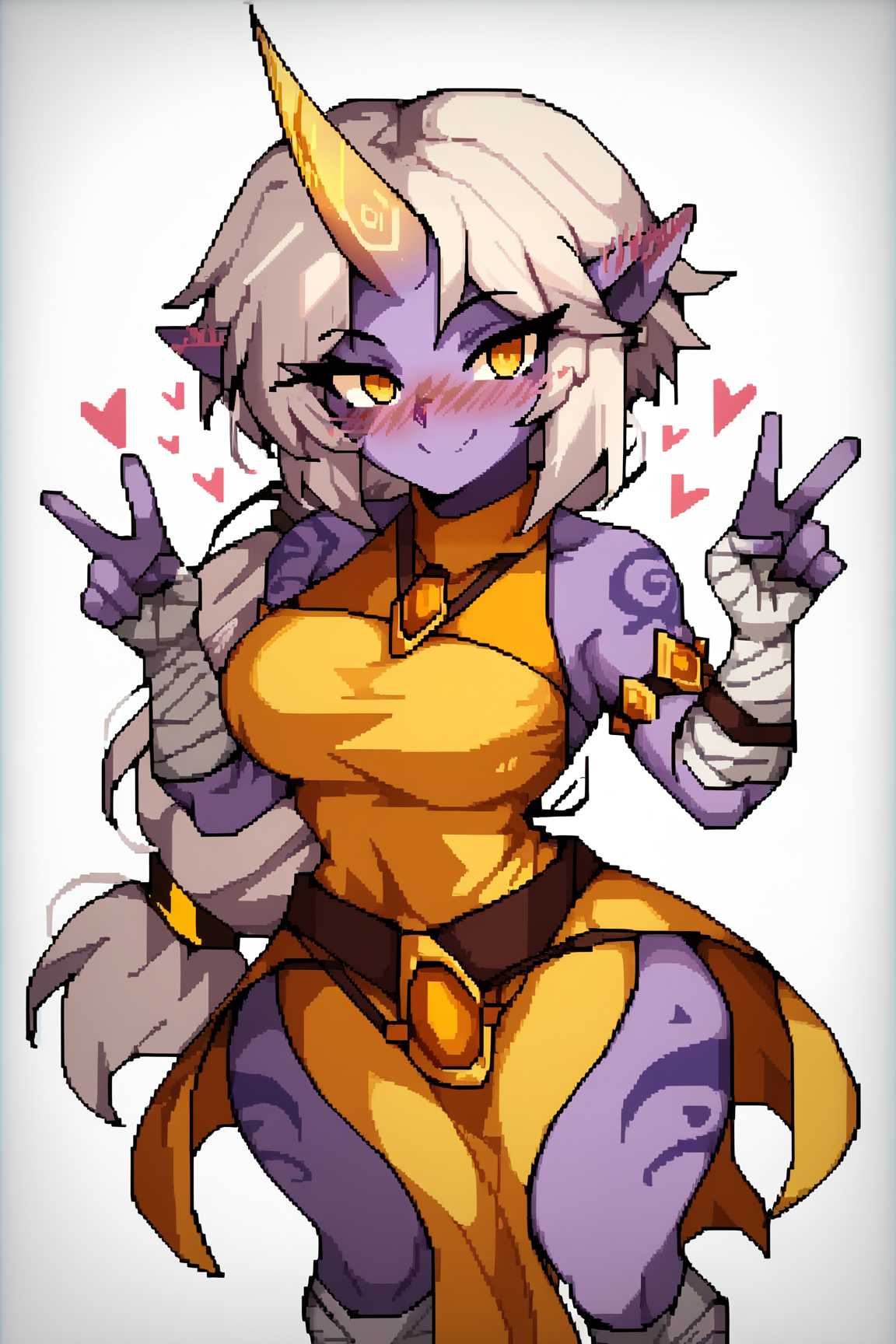 score_9, score_8_up, score_7_up, score_6_up, BREAK, SorakaLoLXLv2, purple skin, colored skin, white hair, long hair, low-tied long hair, sidelocks, yellow eyes, pointy ears, single horn, tattoo, large breasts, bare shoulder, yellow jewel, red cropped torso, yellow dress, armlet, bandaged arms, belt, bandaged legs, solo, standing, above view, peace sign, floating hearts, looking at viewer, seductive smile, naughty face, nose blush, white background, simple background <lora:SorakaLoLXLv2:0.9>, TamacoSamaStylePXL <lora:TamacoSamaStylePXL:1>