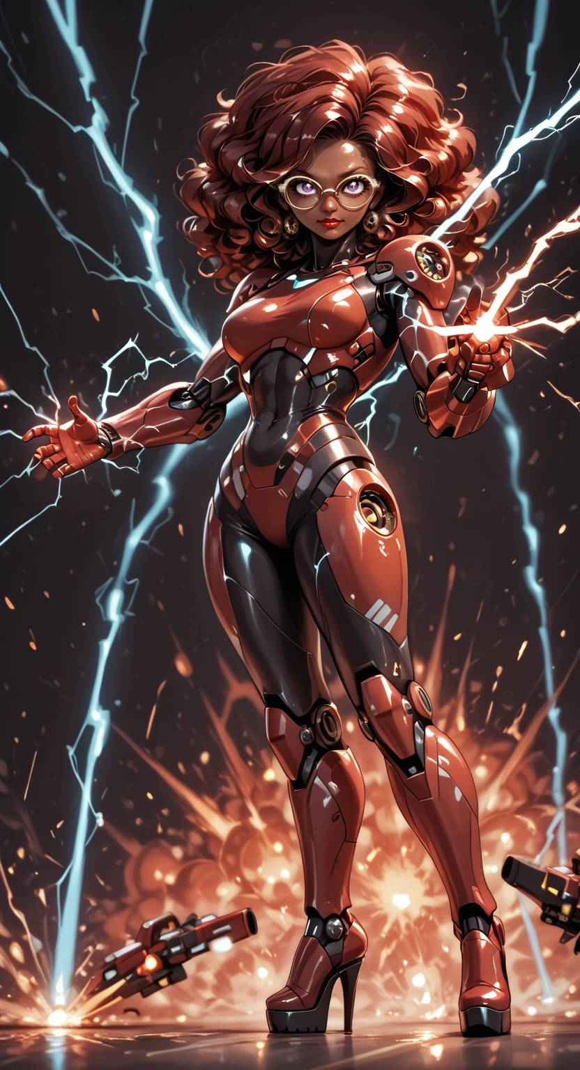 Flat vector illustration, masterpiece, best quality, good quality, very aesthetic, absurdres, newest, 8K, depth of field, blurry background, dynamic angle, focused subject, sexy milf, fullbody, (dutch angle):2, 1girl, solo, electric explosion in background, 
<lora:Bree:1> Bree, african female, very dark brown skin,  skin, round glasses, big hair, red glasses, 
<lora:Sinner_-_Sillygirl:0> s1nn3r, purple eyes, dark red hair, curly hair, shoulder length hair,  
<lora:Wild_Mecha_Mix:1> sci-fi, mecha, robot girl, red body, platform boots, stiletto heels, dark background, (big laser gun):3, 
<lora:Impact_Frames:0.6> Impact Frames, Motion Blur, Electricity, Emphasis Lines, Glowing, Aura, fighting stance, glowing veins, fists, electric storm, gun hands,, <lora:reij-rt:1.5> <lora:spo_sdxl_10ep_4k-data_lora_webui:1.5>