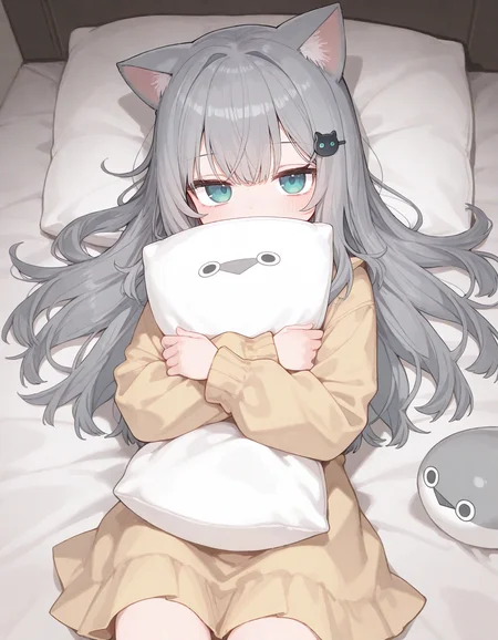 1girl, nachoneko, momoko \(momopoco\), sumiyao \(amam\), reel \(riru\), e-note, konnyaku \(kk-monmon\), ciloranko, ningen mame, wagashi \(dagashiya\), on bed, sacabambaspis pillow, (hugging pillow:1.2), detailed background, covering own mouth, 
very awa, very aesthetic, masterpiece, best quality, amazing quality, absurdres <lora:dj_sloppa_ill_v2:0.1> <lora:nyaliaXLNBVP1lokrV6311P:0.1> <lora:n_XLNBVP1lokrV6311P:0.2> <lora:ricotte2:0.2>  <lora:748cmXLNBVP1lokrV6311PZ:0.2>