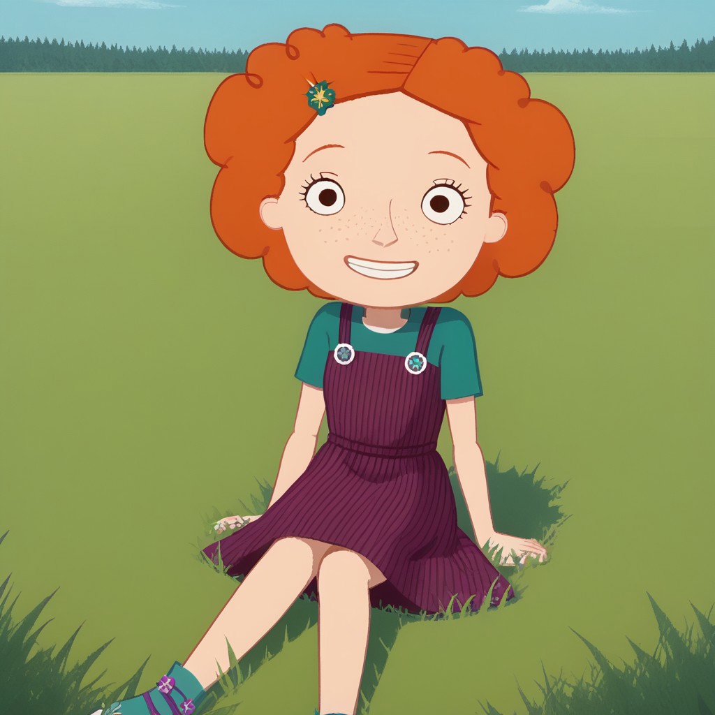 score_9, break, solo, nina_ntg, orange hair, hair ornament, freckles, dress outdoors, sitting, grass, smile, cute