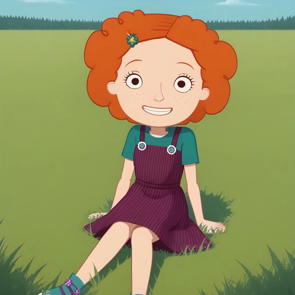 score_9, break, solo, nina_ntg, orange hair, hair ornament, freckles, dress outdoors, sitting, grass, smile, cute