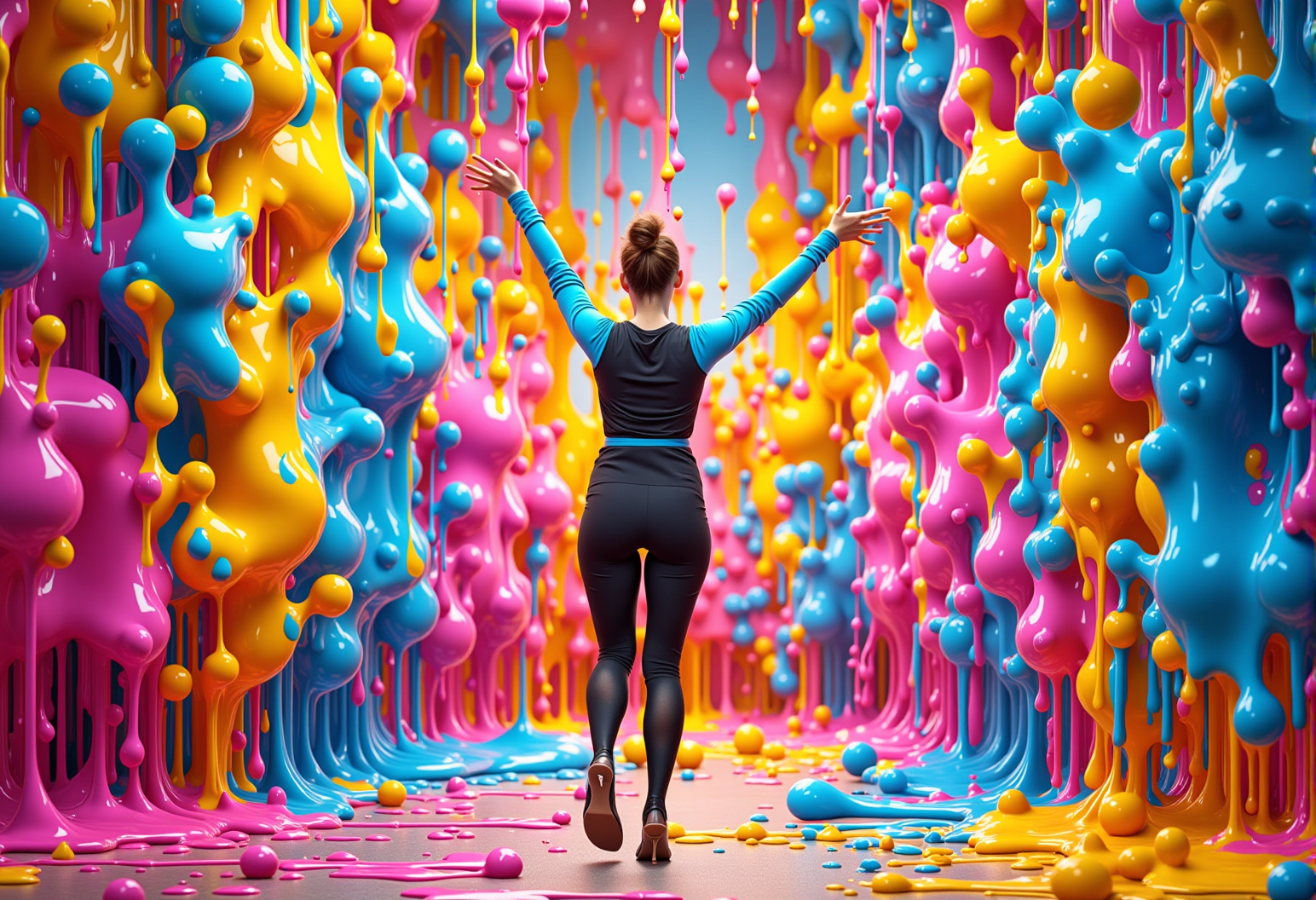 bv-colpaidri. A full-body shot of a model, their arms accented by vibrant color splashes, standing in a dynamic leap, with a background filled with colorful abstract art, emphasizing energy, <lora:bv-colorful-paint-dripping-v1.safetensors:0.7000000000000001:0.7000000000000001>