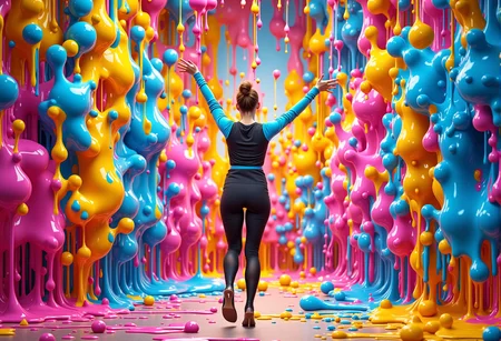 bv-colpaidri. A full-body shot of a model, their arms accented by vibrant color splashes, standing in a dynamic leap, with a background filled with colorful abstract art, emphasizing energy, <lora:bv-colorful-paint-dripping-v1.safetensors:0.7000000000000001:0.7000000000000001>