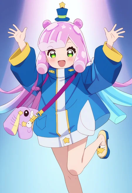 score_9, score_8_up, score_7_up BREAK Puniru, 1girl, long pink cyan gradient hair, odango hair, blunt bangs, green eyes, blue top hat with green band and star, white blue jacket with yellow accents, bare legs, short blue tights, yellow white platform shoes, white shoe soles, anime, source_anime, happy dancing,