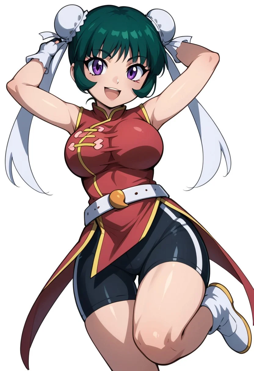 score_9_up, score_8_up, score_7_up BREAK,anime coloring, beyblade: metal fusion,mei-mei,1girl,solo,gloves,breasts,fingerless,gloves,hair bun,smile,chinese clothes,open mouth,white background,double bun,sleeveless,large breasts,simple,background,white gloves,bike shorts,belt :d,bun cover,purple eyes,hair,arm up,standing on one leg,looking at viewer,china dress,white footwear,standing,shorts bangs,green hair