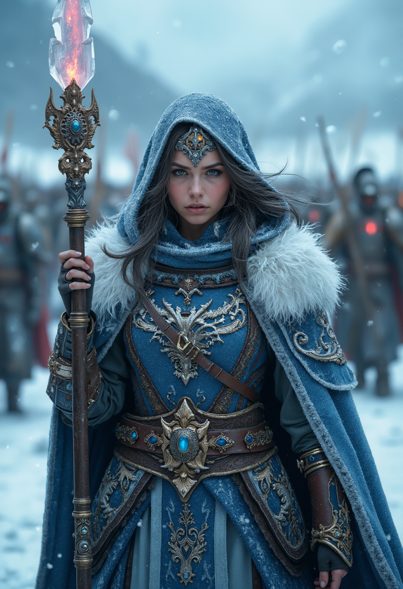 cinematic film still 32yo Slavic Woman portraying an Ice Witch from Kislev in Warhammer Fantasy Battles, wearing intricate frost-covered armor with fur-lined accents and an ornate blue and white cloak, holding an ice-encased staff topped with a glowing crystal, standing confidently in front of a massive Kislevite army. Hyper detailed captured from a front view with a fierce and determined expression, cold breath visible in the frigid air, photorealistic, icy blue and silver color palette, ultra detailed, skin pores, sharp focus, intricate details, highly detailed, background of snow-covered plains with soldiers in heavy armor, banners flapping in the icy wind, and distant snow-capped mountains under a stormy sky.  <lora:FluxMythP0rtr4itStyle:0.6> mythp0rt . shallow depth of field, vignette, highly detailed, high budget, bokeh, cinemascope, moody, epic, gorgeous, film grain, grainy