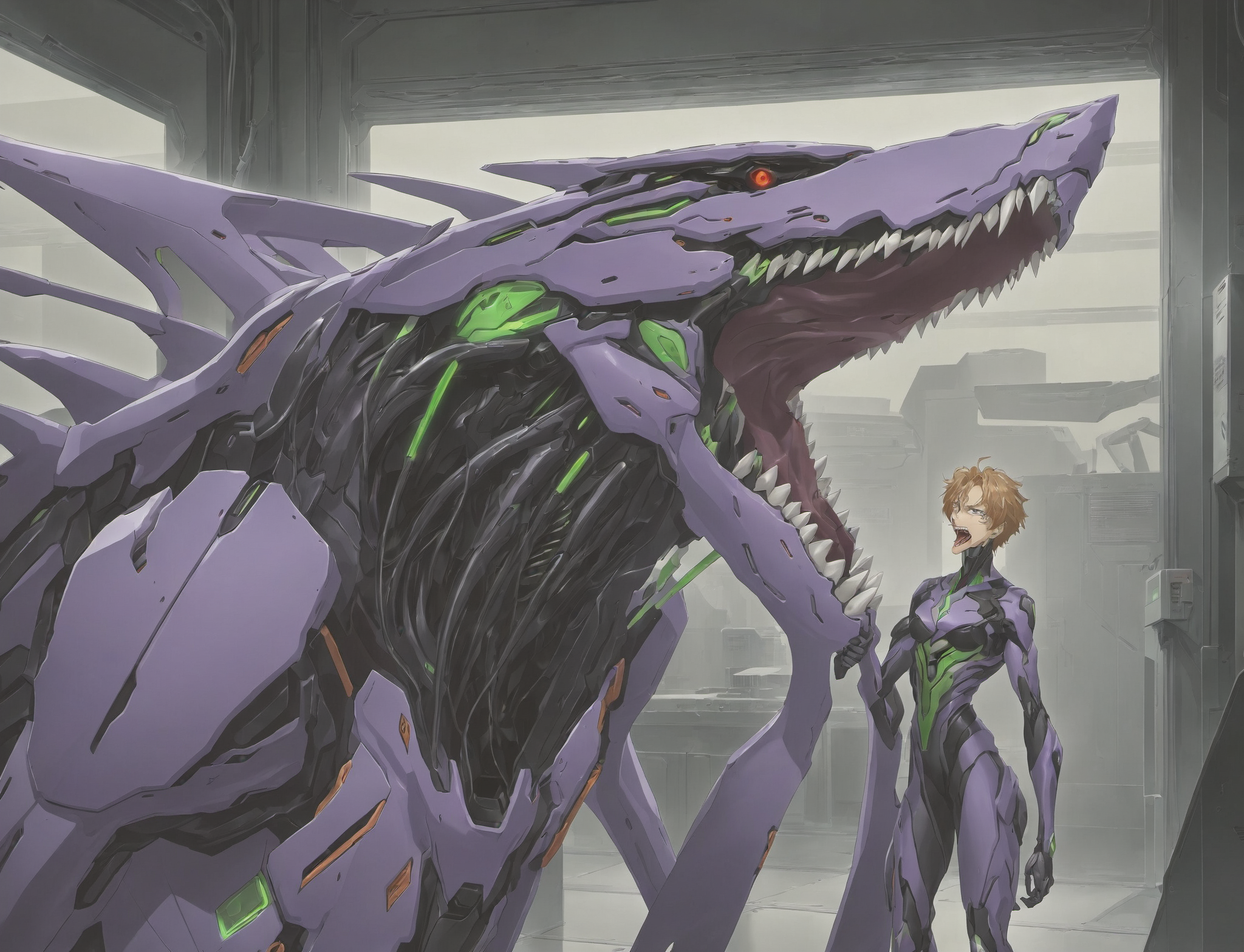 best quality,masterpiece,2d,anime,cybermutant eva 01 with a mouth on its chest,biomechanical,scene from neon genesis evangelion,<lora:XLFleshMonstrosityV2:1>