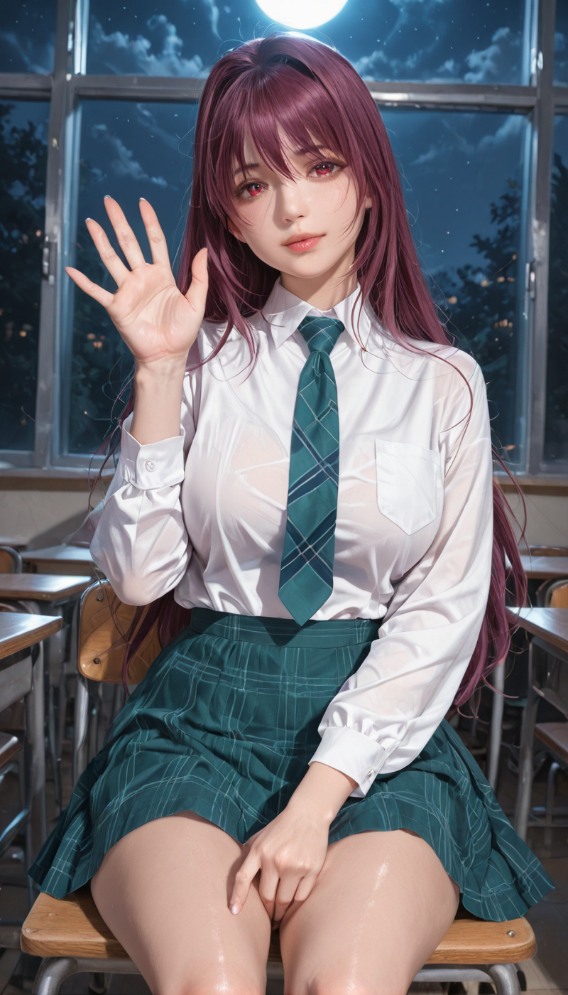 <lora:LCMTurboMix_Euler_A_fix:1> <lora:example_SDXL:0.3>, EZRealPONYXL, <lora:Dramatic Lighting Slider:3> <lora:realistic filter [IL]:1>
DSLR,realistic,cosplay photo, (very awa,masterpiece,best quality,year 2024,newest,absurdres,highres:1), realistic,skin texture,facial features, photography shot with Canon EOS 5D Mark IV , realistic, RAW, best quality, masterpiece, amazing quality, skin details,
1girl, highly detailed beautiful face, large natural breasts,
detailed background, shiny skin, dutch angle, night, moonlight,
beautiful detailed eyes, intricate details, absurdres, anime screencap,
artist: onono imoko, artist: taesi,
<lora:YD IL:1>
masterpiece, best quality, high resolution, absurdres, 1girl, oranyd, school_uniform, green_skirt, plaid_skirt, white_shirt, collared_shirt, necktie, classroom, sitting, looking_at_viewer, naughty_face, from_below, scathach_(fate), waving,