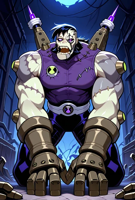 <lora:frankenstrike-10:1> frankenstrike, solo, black hair, colored skin, muscular, 1boy, scar,purple shirt, sleeveless, monocle, mechanical eye,, massive gauntlets, massive hands, short hair, buzzcut, stitches,,  underbite jaw, bolts, nuts, screws, bolts on body,  dynamic pose, purple eyes  , big mouth,, masterpiece, best quality, amazing quality, very aesthetic, absurdres, newest,