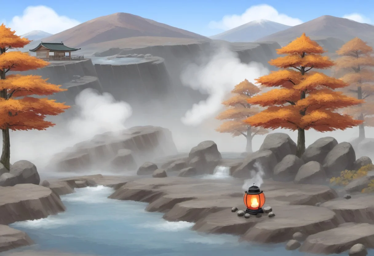 landscape, no humans, outdoors, onsen, hot spring, rocky, steam, lantern, autumn, masterpiece, best quality