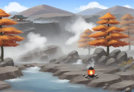 landscape, no humans, outdoors, onsen, hot spring, rocky, steam, lantern, autumn, masterpiece, best quality