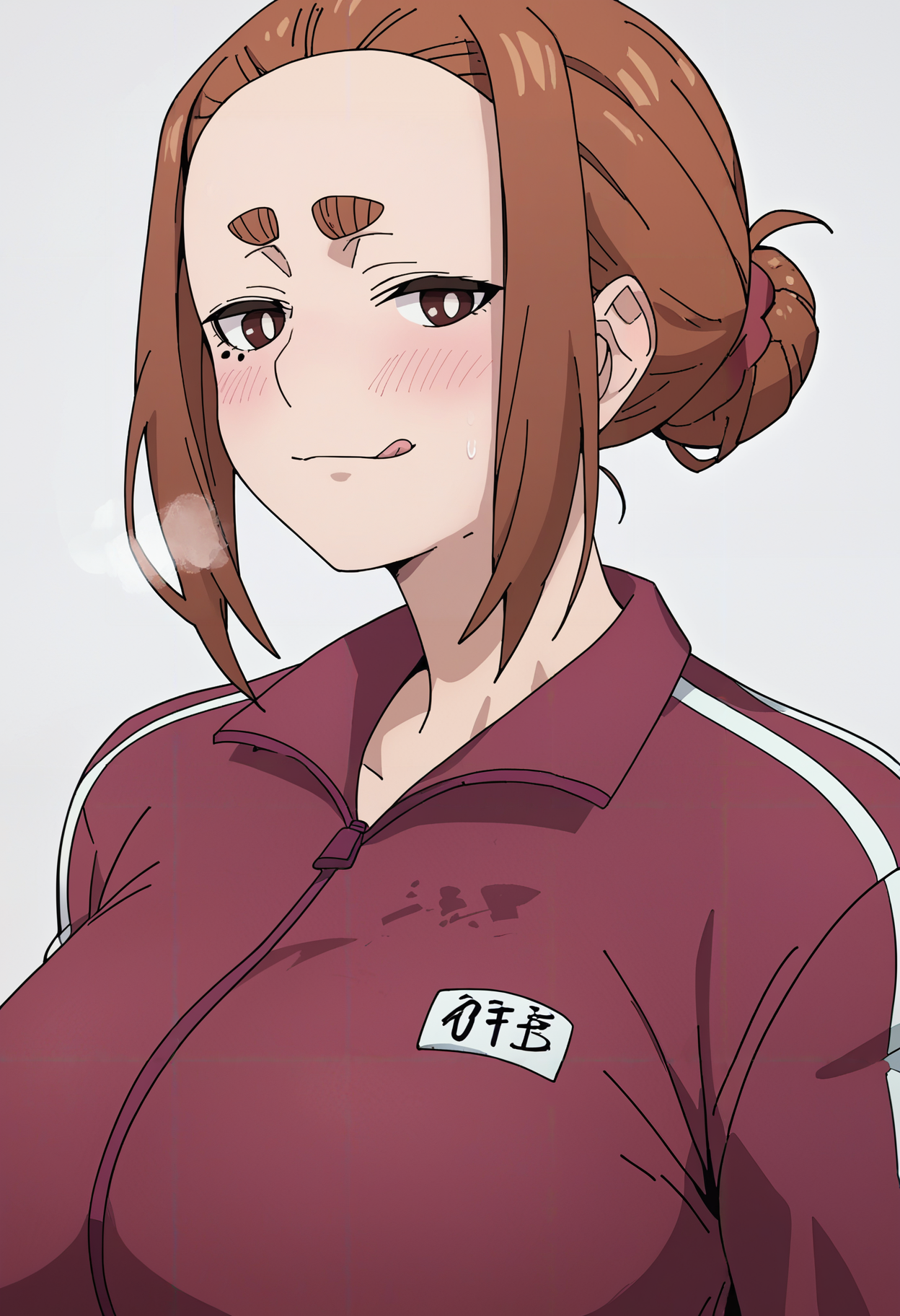 score_9,score_8_up,score_7_up,score_6_up,source_anime,sumireko ogawa, 1girl, solo,tongue out, naughty face, heavy breathing,  , jacket, track jacket, hair bun, upper body, blush, single hair bun,  looking at viewer, large breasts, track suit, thick eyebrows, huge breasts, red jacket,  white background <lora:Sumireko Ogawa xl:0.8>