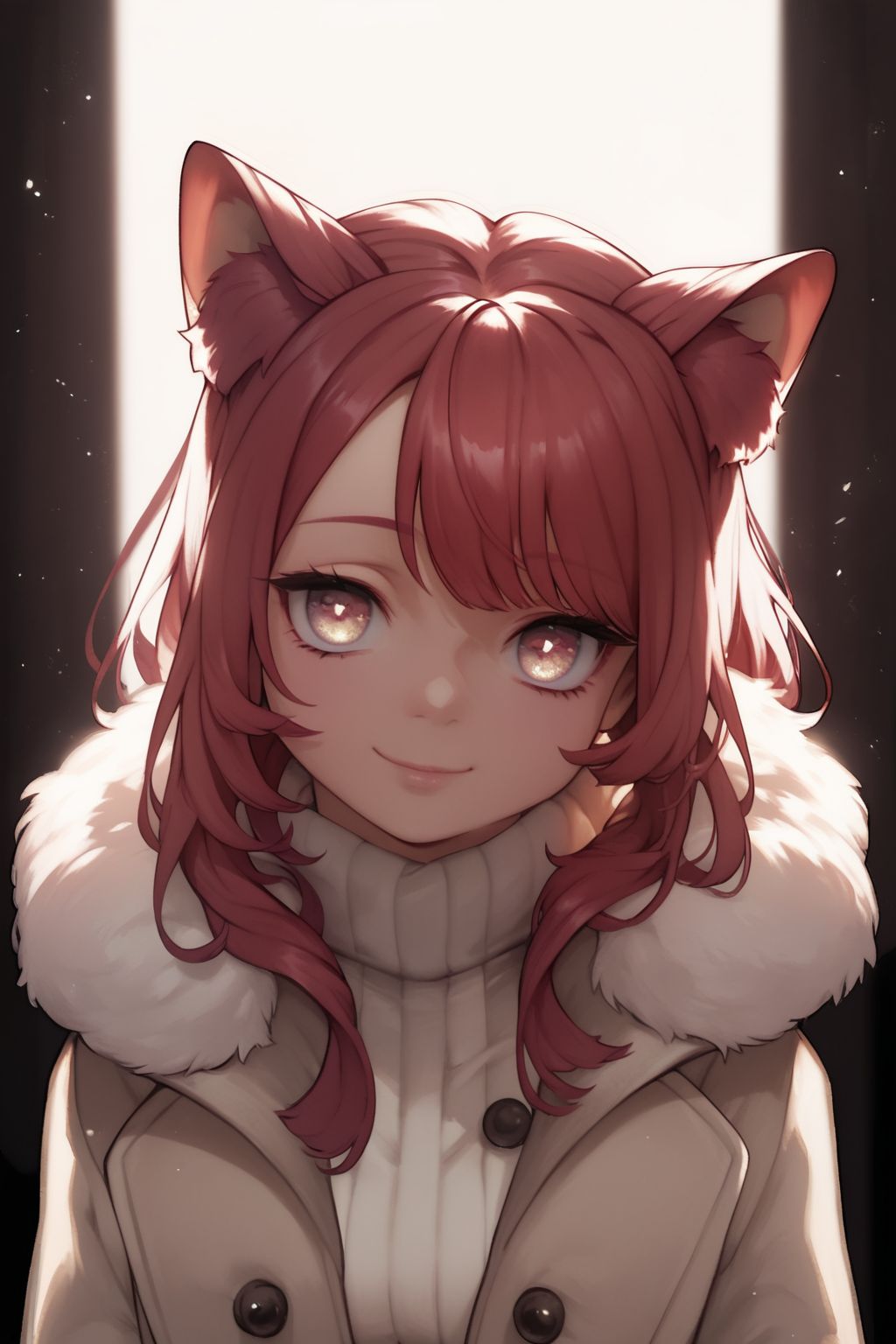 score_9, score_8_up, score_7_up, high resolution, 1girl, looking at viewer, beautiful face, detailed pupils, smile, red hair, cone hair bun, hair intakes, bronze eyes, medium breasts, cream winter coat, frontlighting, transparent background <lora:eroiroe_PonyXL_style_v01:1>