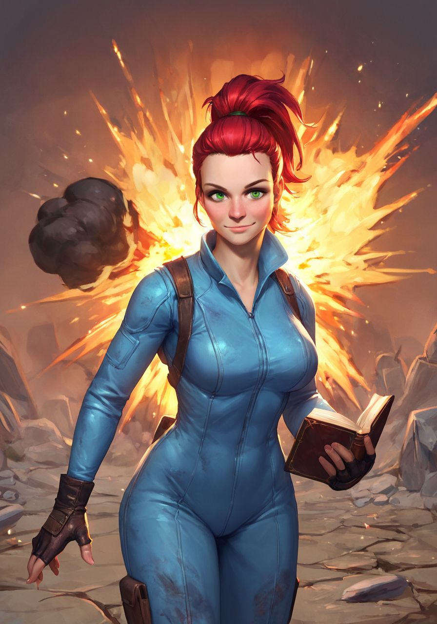 score_9, score_8_up, score_7_up, BREAK, high-fidelity image, holding book, presenting book, smile, giant explosion in background, post-apocalyptic wasteland, <lora:mo1r4FO_PDXL:1> mo1r4FO, red ponytail, green eyes, blue jumpsuit