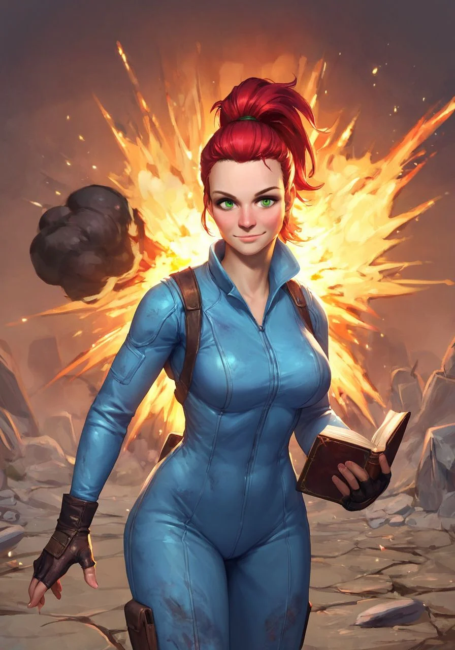 score_9, score_8_up, score_7_up, BREAK, high-fidelity image, holding book, presenting book, smile, giant explosion in background, post-apocalyptic wasteland, <lora:mo1r4FO_PDXL:1> mo1r4FO, red ponytail, green eyes, blue jumpsuit