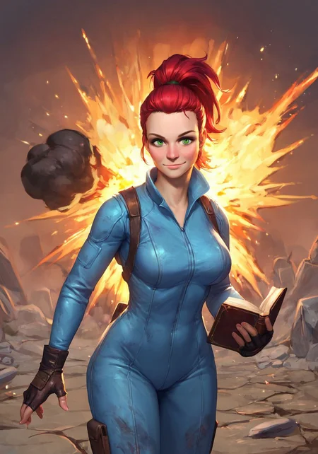 score_9, score_8_up, score_7_up, BREAK, high-fidelity image, holding book, presenting book, smile, giant explosion in background, post-apocalyptic wasteland, <lora:mo1r4FO_PDXL:1> mo1r4FO, red ponytail, green eyes, blue jumpsuit
