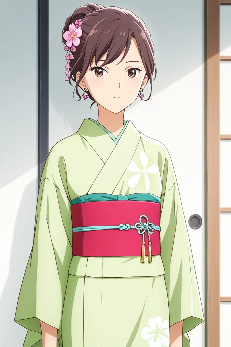 <lora:Add_more_details_pony:0.8> (flat collar) <lora:matsukaze_kanoko_illus_deaimon:1> matsukaze kanoko, 1girl, solo, looking at viewer, brown hair, hair ornament, jewelry, flower, earrings, japanese clothes, hair flower, kimono, hair bun, sash, obi, single hair bun, yukata, green kimono, outfit 5 cowboy shot,