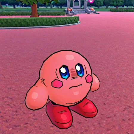 vibapop style, lowpoly, retro, 1boy, solo, kirby \(kirby\), pink, round body, blue eyes, blush stickers, red feet, outdoors, park, circular body, spherical, no legs, no arms,