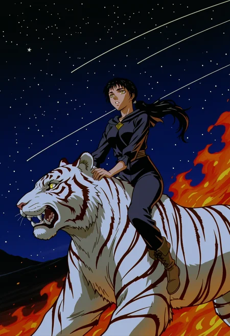 <lora:BerserkILLUSTRIOUS:1> berserk,
1girl, tiger, black hair, ponytail, riding, long hair, fire, white tiger, shooting star, ((sky)), yellow eyes, animal, teeth, night, solo, star, parted lips