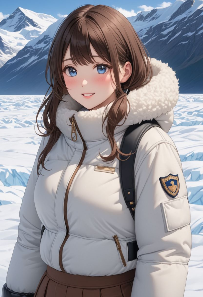 ((((white Oversized shearling down jacket)))), ((((white Oversized shearling puffer jacket)))), ((((white Oversized shearling winter clothes)))), ((((very very cold, in cold)))), ((((semi-realistic)))), ((((puffer hood)))), ((medium knee office skirt, pantyhose, boots)), ((((cowboy shot)))), ((sharp eyelid, eyeliner, eyelashes, beautiful detailed eyes, tsurime, long messy brown hair, blue eyes, perfect anatomy)), detailed fingers, solo, smile, standing, icefield, ((((masterpiece)))), ((((best quality)))), ((intricate details)), RAW, 8K UHD, (1girl), office lady, detailed face, beautiful face, charming, bonny, (((blush))), (((heavy breathing))), (((feels orgasm))), wind, (Thick padded collar:1.4), (TSH:1.4), (Thick padded cuffs:1.4)