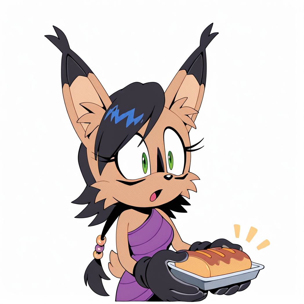 <lora:nicole_lynx_illustrious-000010:1>,  (masterpiece), (best quality), (ultra-detailed), amazing quality, very aesthetic, illustration, perfect composition, intricate details, absurdres, incredibly absurdres, <lora:TMoStH-Illustrious:1> tmosth,  (flat color, black shading, sloppy coloring), hatching \(texture\) nicole the lynx, 1girl, open mouth, simple background, gloves, 1boy, white background, holding, green eyes, food, sonic the hedgehog \(series\), furry, furry female, black hair, animal ears, animal nose, animal ear fluff, solo, solo focus, body fur, brown fur, facial markings