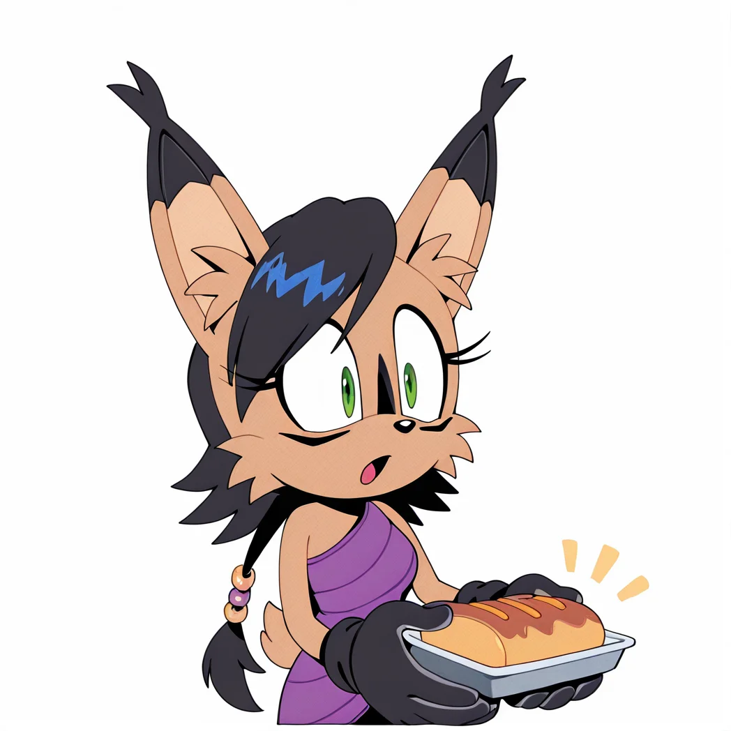 <lora:nicole_lynx_illustrious-000010:1>, (masterpiece), (best quality), (ultra-detailed), amazing quality, very aesthetic, illustration, perfect composition, intricate details, absurdres, incredibly absurdres, <lora:TMoStH-Illustrious:1> tmosth, (flat color, black shading, sloppy coloring), hatching \(texture\) nicole the lynx, 1girl, open mouth, simple background, gloves, 1boy, white background, holding, green eyes, food, sonic the hedgehog \(series\), furry, furry female, black hair, animal ears, animal nose, animal ear fluff, solo, solo focus, body fur, brown fur, facial markings