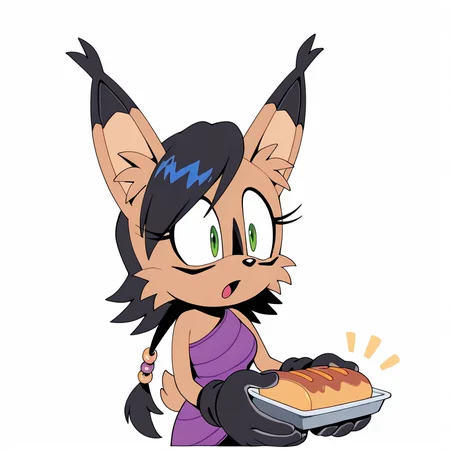 <lora:nicole_lynx_illustrious-000010:1>, (masterpiece), (best quality), (ultra-detailed), amazing quality, very aesthetic, illustration, perfect composition, intricate details, absurdres, incredibly absurdres, <lora:TMoStH-Illustrious:1> tmosth, (flat color, black shading, sloppy coloring), hatching \(texture\) nicole the lynx, 1girl, open mouth, simple background, gloves, 1boy, white background, holding, green eyes, food, sonic the hedgehog \(series\), furry, furry female, black hair, animal ears, animal nose, animal ear fluff, solo, solo focus, body fur, brown fur, facial markings