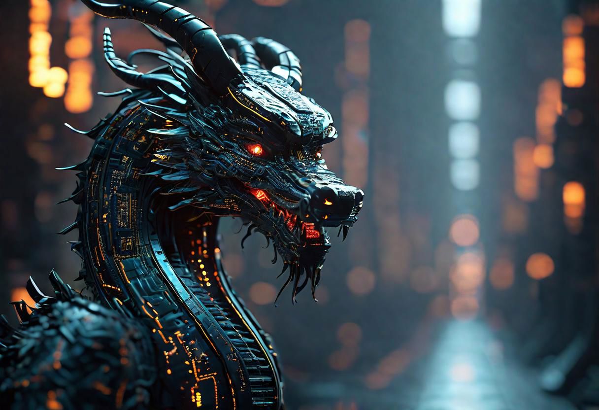 circuitboard chinese dragon, ((focus)), dark futuristic, cyberpunk