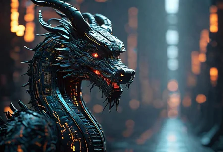 circuitboard chinese dragon, ((focus)), dark futuristic, cyberpunk
