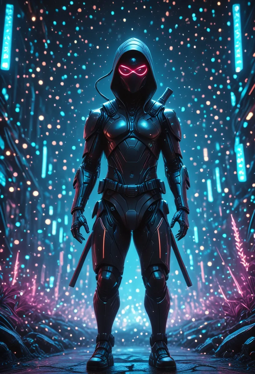 A hyperrealistic 35mm photo of a ninja, bokeh, from_side, depth of field, simple background, masterpiece, absurdres, vibrant, creepy miniworld setting, dynamic angle, dynamic pose, dramatic light, highly detailed, high resolution textures, ultra high resolution, futuristic, biomech vibes, mobe-cybideen,
