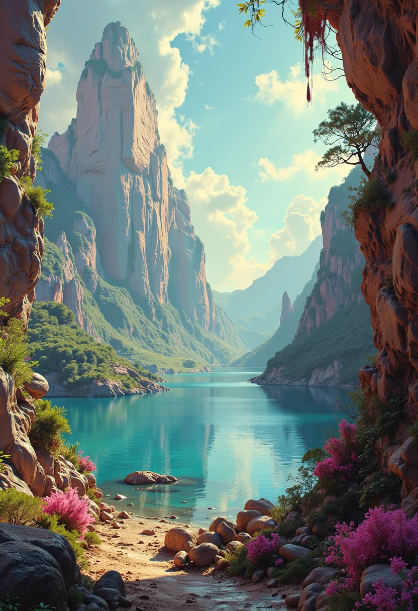 Expansive sci-fi landscape in the style of Frank Frazetta, featuring the tranquil Lake of Serenity. A sweeping panoramic view rendered as a digital artwork, blending classic gothic and baroque fantasy elements. Vibrant colors and illustrative techniques create a painterly effect reminiscent of a highly detailed matte painting. The scene is bathed in atmospheric haze and dramatic lighting, evoking the mood of a vintage oil painting with a contemporary digital twist.