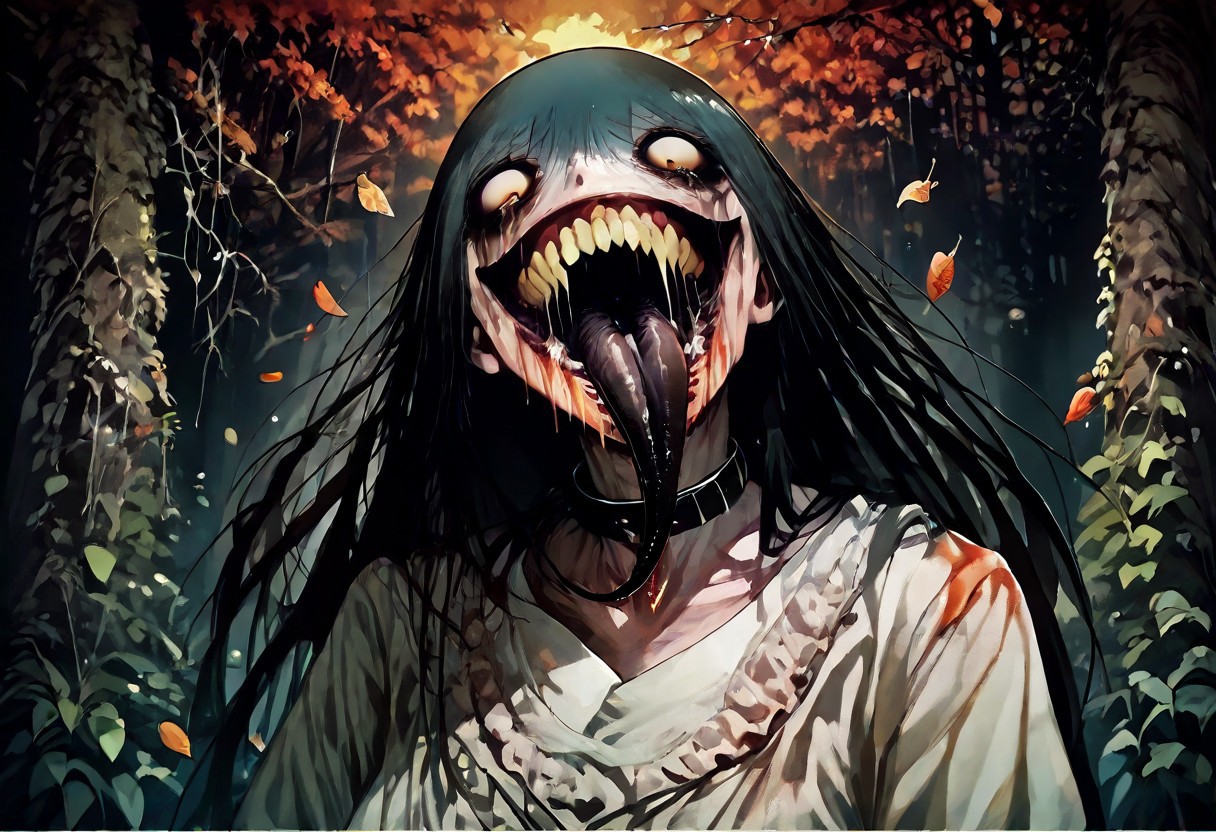 score_9, score_up_8, masterpiece, best quality, explicit, 
hasshaku-sama, mature woman, large woman, tall woman, sagging breast, enormous breast, long hair, black hair, horror (theme), collar bone, bony body, skinny, anorexic, fall season, trees, red yellow and orange leaves, falling leaves, night, garden, Expressiveh,  
 teeth, tongue, open mouth, horror, blood, stiches, scars, black tongue, very long tongue, black tears, full body