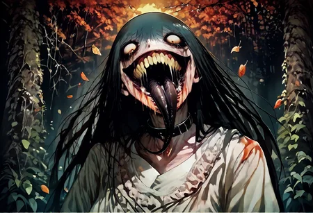 score_9, score_up_8, masterpiece, best quality, explicit, 
hasshaku-sama, mature woman, large woman, tall woman, sagging breast, enormous breast, long hair, black hair, horror (theme), collar bone, bony body, skinny, anorexic, fall season, trees, red yellow and orange leaves, falling leaves, night, garden, Expressiveh,  
 teeth, tongue, open mouth, horror, blood, stiches, scars, black tongue, very long tongue, black tears, full body