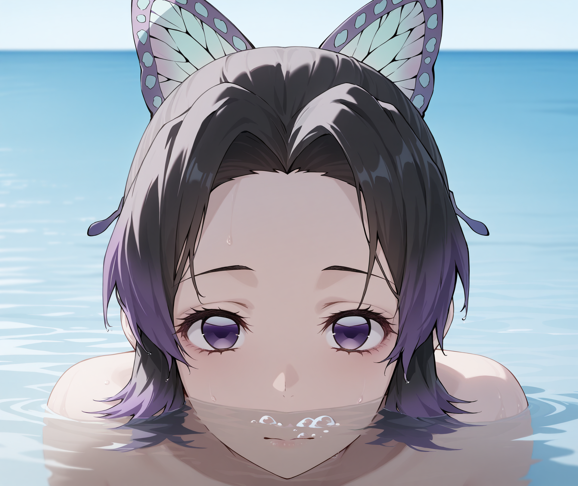 highres, hi res, best quality, masterpiece, 2d, intricate details, 4k, anime coloring, shaded, shadow, countershading,
1girl, solo, female, eyelashes, black hair, butterfly hair ornament, gradient hair, hair ornament, multicolored hair, purple eyes, purple hair, short hair, two-tone hair, kochou shinobu, kimetsu no yaiba,
depth of field, looking at viewer, water, partially submerged, mouth under water, shoulders under water, horizon, <lora:Mouth_under_Water_ILXL:1>
