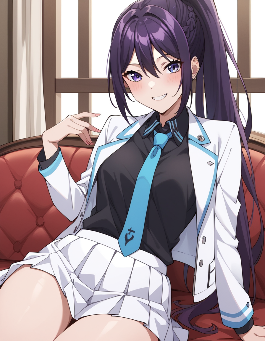 score_9, score_8_up, score_7_up, source_anime, uncensored, <lora:StS_detail_slider_v1:3>, zPDXLxxx, <lora:Rin_Kanzaki_PONYXL_VexVexX:1>, RinKanzaki, 1girl, purple eyes, purple hair, ponytail, long hair, braid, bangs, hair between eyes, bangs, medium-small breasts, school uniform, white jacket, white skirt, black shirt, blue necktie, cowboy shot, bedroom, from back, Laying on one side with legs slightly bent and one arm resting under the head for support, thighs, looking at viewer, smile,