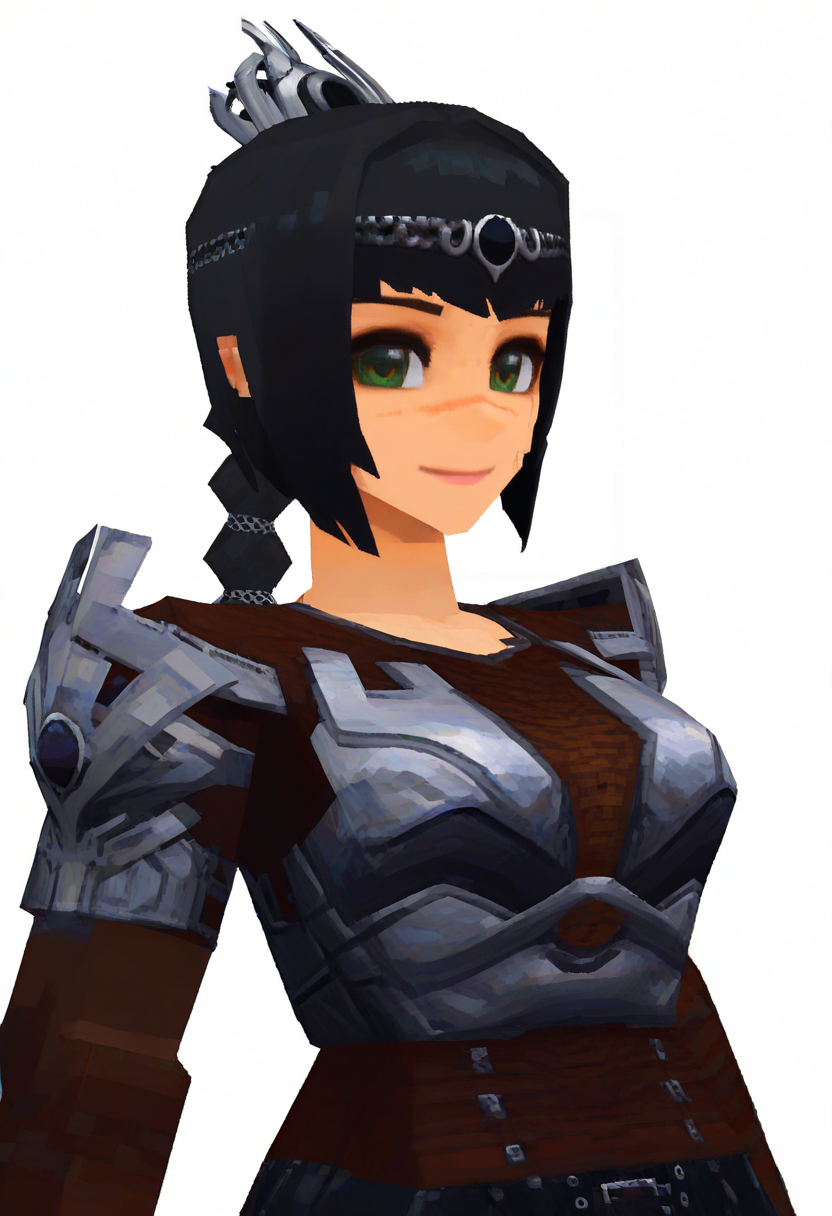 masterpiece, best quality, very aesthetic, absurdres,
lowpoly, ps1, psx, low poly, 3d,
1girl, solo, shadowheart, black hair, braided ponytail, green eyes, scar on face,
circlet, armor, large breasts, leather pants,
smile, looking at viewer, upper body, simple background, white background <lora:ShadowHeartIllustrious_byKonan:0.8>,   <lora:LowPolyRenderV3:1>
