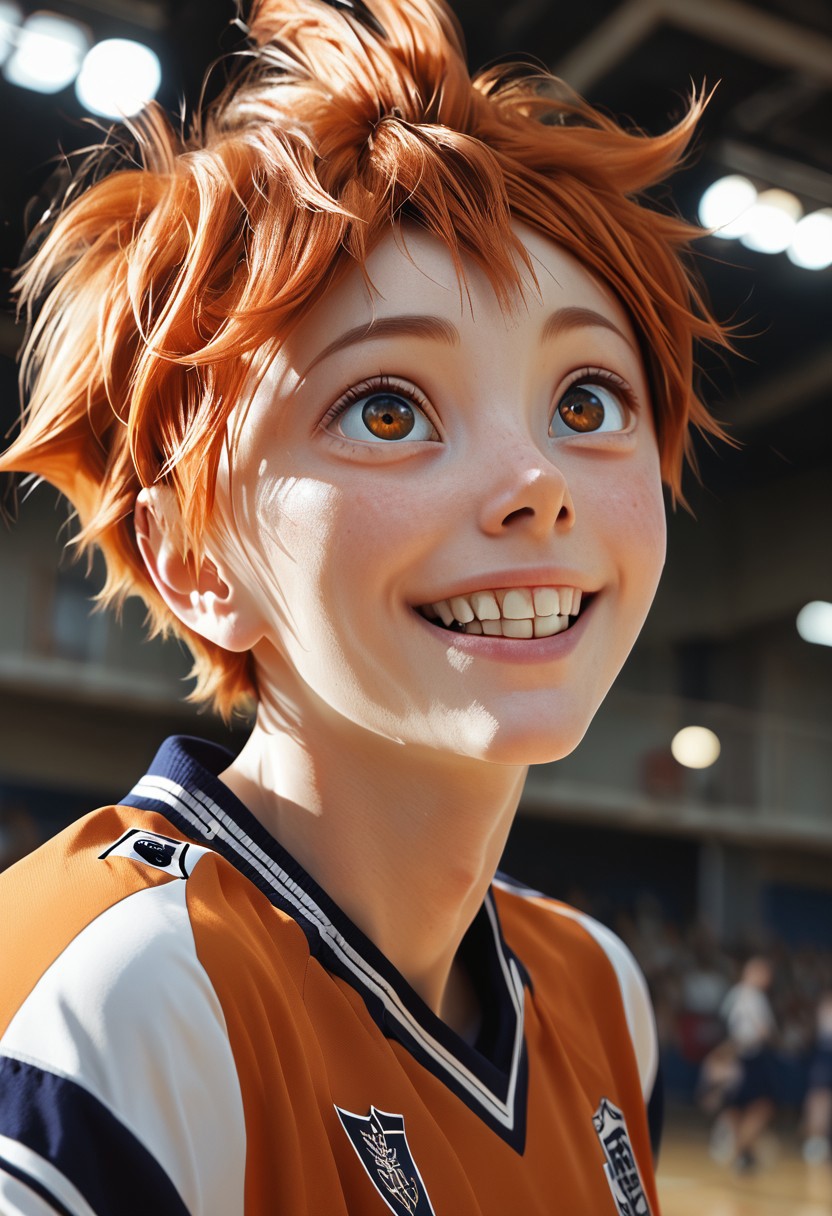 score 9, score 8, score 7, score 6, film grain, indoor, gym, camera angle, 1 boy, solo, hinata shoyo, orange hair, orange eyes, volleyball uniform, smile, looks up at the viewer <lora:shounen_zoomXL_ot_v4d-AMXL_V2 Score:0.95> <lora:Hinata_Shoyo:0,75>