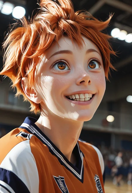 score 9, score 8, score 7, score 6, film grain, indoor, gym, camera angle, 1 boy, solo, hinata shoyo, orange hair, orange eyes, volleyball uniform, smile, looks up at the viewer <lora:shounen_zoomXL_ot_v4d-AMXL_V2 Score:0.95> <lora:Hinata_Shoyo:0,75>