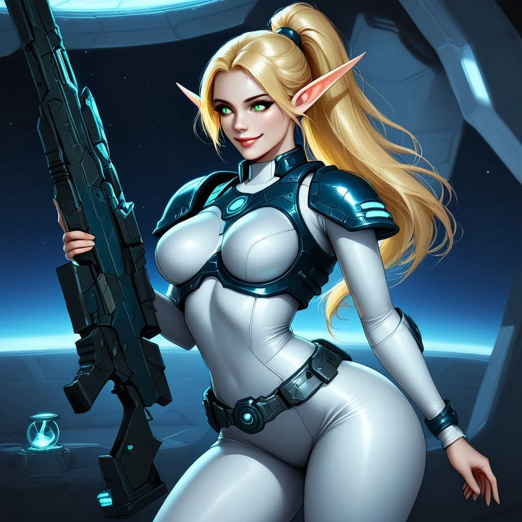 Bethiella with a white bodysuit, metal space-armor on chest, posing, big cyber sniperrifle, long blonde hair, ponytail, anime style, elf, innside a space-ship, metal belt, smiling, tactical headset, sapphired embedded in belt, glowing sapphires embedded in armor and shoulderpads, feminine figure, hourglass figure, blue small details on suit, green eyes, details on armor is blue, pupils showing, long ears, wide hips, arched back, tilting hip to one side, realistic style,