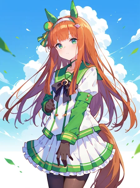 score_9, score_8_up, score_7_up, rating_safe, masterpiece, best quality, absurdres, unity 8k wallpaper, official art, official style, source_anime,
silence suzuka \(umamusume\), 1girl, horse ears, horse tail, purple pantyhose, green ear covers, black gloves, white pleate skirt, hime cut, long sleeves, white jacket, black bowtie, green sailor collar
cowboy shot,outdoor, grassland,
<lora:pony_silence_suzuka_v1.01:0.9>
