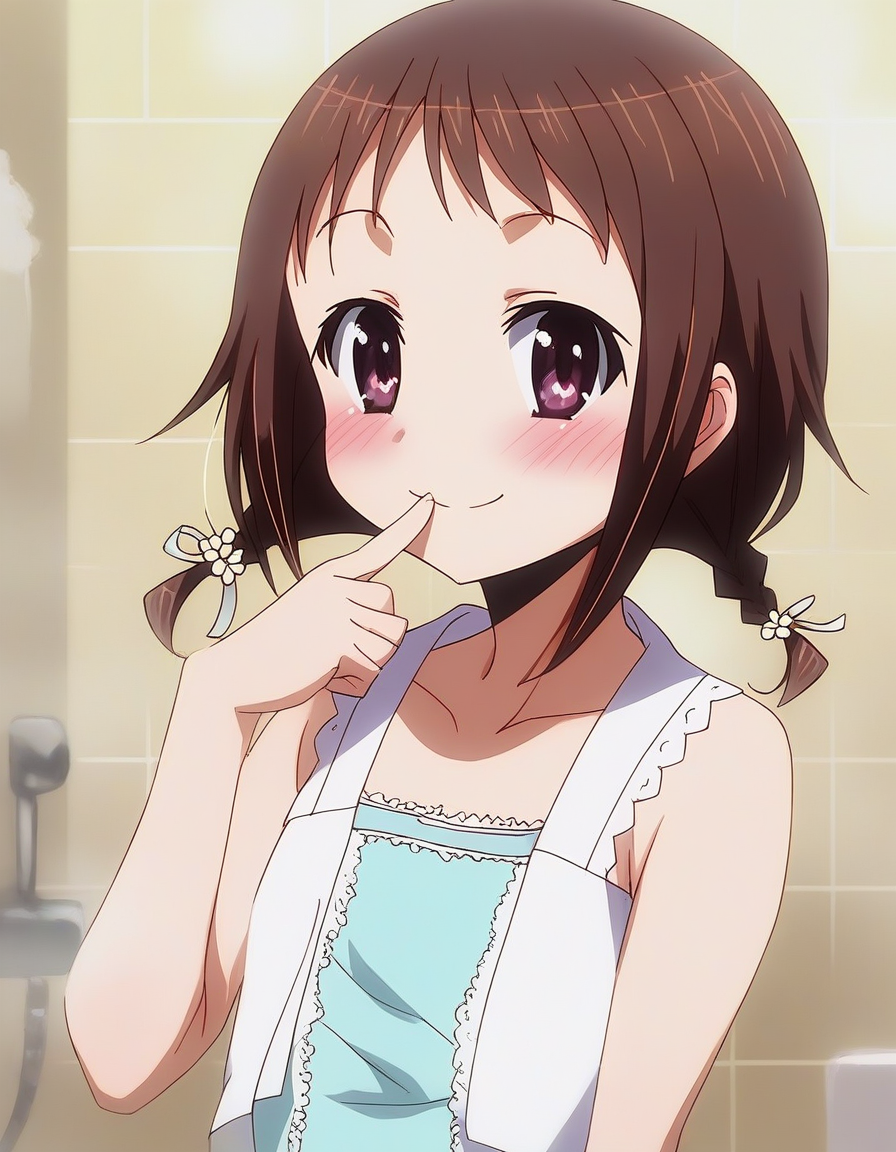 score_9, score_8_up, score_7_up, source_anime, rating_explicit, BREAK  <lora:Wakana_Misato_XL:1> Wakana_Misato, brown hair, short hair, twin braids, purple eyes, brown eyes, 
solo, smile, flower, blush, looking at viewer, upper body, finger to mouth, dress, collarbone
bath room,